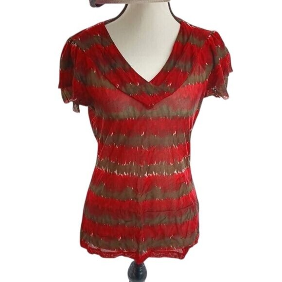 The Limited Blouse Red Fitted Sheer V Neck Short Sleeve Womens Size Medium - Picture 1 of 8